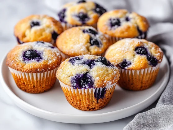 Keto Blueberry Muffins: The Perfect Low-Carb Breakfast Treat 2 Close-Up Of Keto Blueberry Muffins On A White Plate, Garnished With Powdered Sweetener And Fresh Blueberries