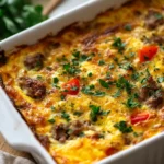 Golden Keto Breakfast Casserole In A White Dish, Topped With Fresh Parsley, Showing Melted Cheese And Vibrant Bell Peppers