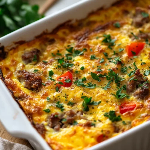 Golden Keto Breakfast Casserole In A White Dish, Topped With Fresh Parsley, Showing Melted Cheese And Vibrant Bell Peppers