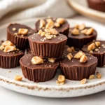 Keto Chocolate Peanut Butter Cups On A White Plate, Topped With Chopped Peanuts And Soft Lighting