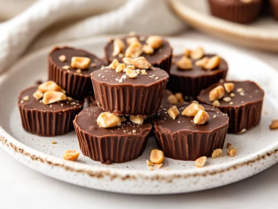 Keto Chocolate Peanut Butter Cups: A Quick And Easy Low Carb Treat 2 Keto Chocolate Peanut Butter Cups On A White Plate, Topped With Chopped Peanuts And Soft Lighting