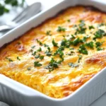 Golden-Brown Keto Egg Casserole In A White Baking Dish, Topped With Melted Cheese And Parsley, On A Neutral Tabletop