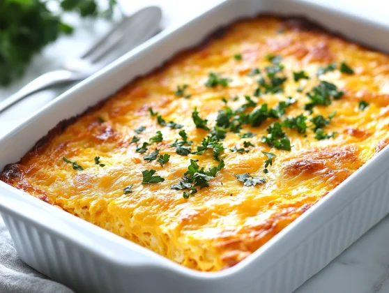 Rebekah'S Keto Egg Casserole: Easy, Cheesy, And Low-Carb 2 Golden-Brown Keto Egg Casserole In A White Baking Dish, Topped With Melted Cheese And Parsley, On A Neutral Tabletop