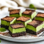 No-Bake Keto Matcha Mint Bars On A White Plate, Topped With Chocolate Glaze, Garnished With Mint Leaves And Matcha Powder