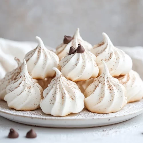 Delicate Meringue Cookies Arranged On A White Plate, Sprinkled With Powdered Sugar And Chocolate Chips