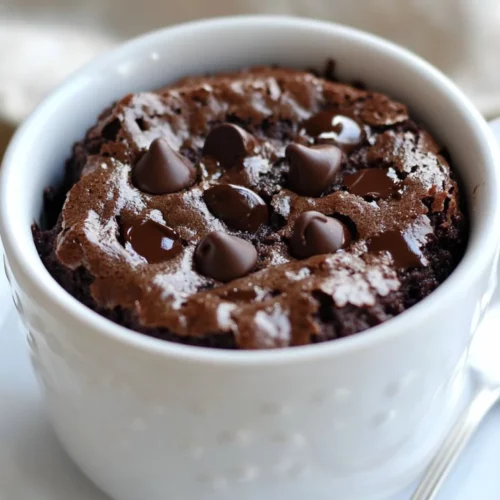 Vegan Microwave Mug Brownie: A Quick And Easy Dessert For One 2 Moist Microwave Mug Brownie In A White Ceramic Mug, Topped With Melted Chocolate Chips, On A White Plate With A Spoon.