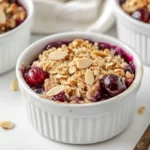 Individual Ramekins Of No Sugar Cherry Crumble Topped With Golden Oat Topping And Garnished With Almonds