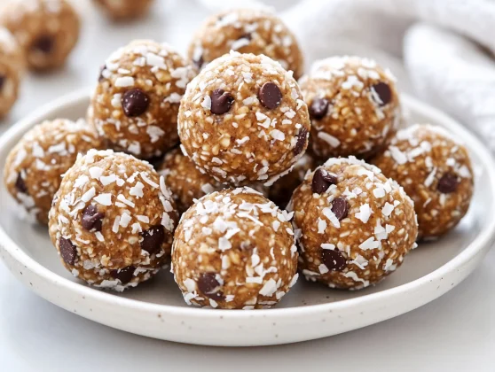 Peanut Butter Energy Balls On A White Plate Garnished With Shredded Coconut And Chocolate Chips