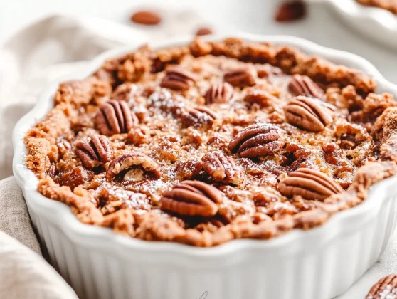 The Best Pecan Pie Dump Cake Recipe For Easy, Nutritious Desserts 2 Slice Of Pecan Pie Dump Cake In A White Dish, Topped With Powdered Sugar And Fresh Pecans