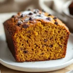 Close-Up Of Golden Pumpkin Banana Bread On A White Plate, Sliced To Show Moist Texture With Chocolate Chips, On A Simple Wooden Table.