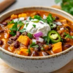 Bowl Of Pumpkin Chili With Beans Topped With Cotija Cheese And Jalapeños On A Wooden Table