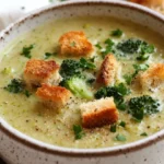 Bowl Of Smoked Gouda Broccoli Soup Topped With Crispy Croutons And Parsley, Served Against A Neutral Background
