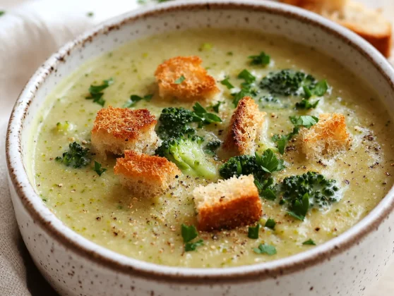 Smoked Gouda Broccoli Soup: A Creamy, Healthy Comfort Dish 2 Bowl Of Smoked Gouda Broccoli Soup Topped With Crispy Croutons And Parsley, Served Against A Neutral Background