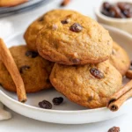 Soft Spiced Pumpkin Cookies With Golden-Brown Edges On A White Plate, Garnished With Cinnamon Sticks And Raisins