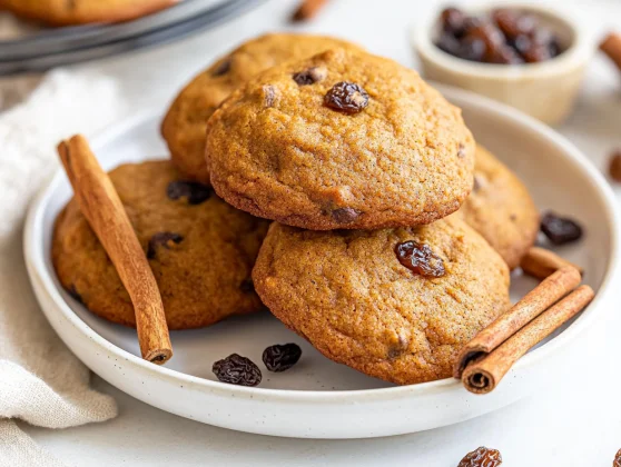 Vegan Spiced Pumpkin Cookies With Molasses And Raisins 2 Soft Spiced Pumpkin Cookies With Golden-Brown Edges On A White Plate, Garnished With Cinnamon Sticks And Raisins