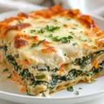 Slice Of Spinach Alfredo Lasagna On A White Plate, Garnished With Parsley, Showcasing Layers Of Cheese And Vegetables