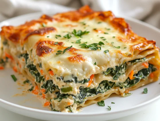 Slice Of Spinach Alfredo Lasagna On A White Plate, Garnished With Parsley, Showcasing Layers Of Cheese And Vegetables