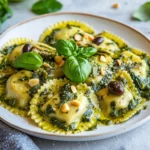 Plate Of Spinach Ravioli With Artichokes And Olives Garnished With Fresh Basil And Pine Nuts, Served Warm