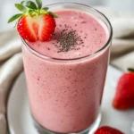 Strawberry Banana Green Smoothie In A Clear Glass Garnished With A Strawberry Slice And Flaxseeds On A White Plate
