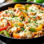One-Pan Stuffed Pepper Skillet Dinner With Bell Peppers, Rice, Ground Beef, And Melted Mozzarella Topped With Fresh Oregano