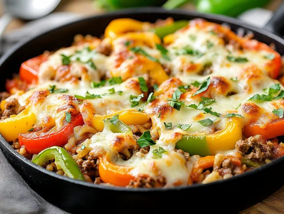 Healthy One-Pan Stuffed Pepper Skillet Dinner: Easy, Flavorful, And Ready Fast 2 One-Pan Stuffed Pepper Skillet Dinner With Bell Peppers, Rice, Ground Beef, And Melted Mozzarella Topped With Fresh Oregano