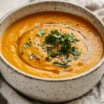 Bowl Of Sweet Potato Soup With Peanut Butter, Garnished With Cilantro And Peanut Butter Swirl, On A Linen Towel