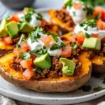 Taco Stuffed Sweet Potatoes On A White Plate Topped With Sour Cream, Diced Avocado, And Cilantro, Served With A Fork.