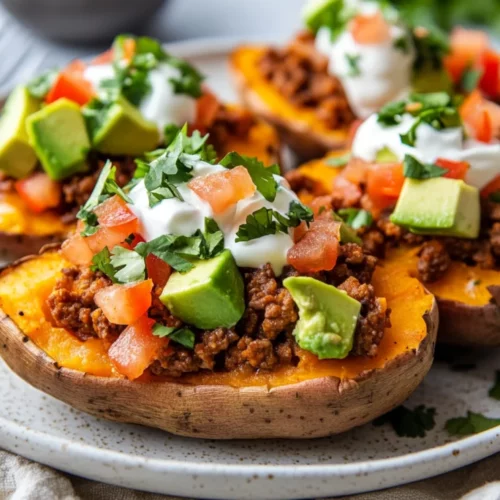 Taco Stuffed Sweet Potatoes: A Healthy And Flavorful Dinner Idea 2 Taco Stuffed Sweet Potatoes On A White Plate Topped With Sour Cream, Diced Avocado, And Cilantro, Served With A Fork.