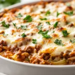 Delicious Unstuffed Cabbage Rolls With Melted Cheese And Fresh Parsley Served In A White Skillet