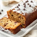 Close-Up Of Golden Vegan Banana Bread On A White Plate With A Slice Pulled Forward Showing Its Moist, Soft Texture.
