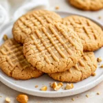 Golden Vegan Peanut Butter Cookies With Crisscross Patterns Stacked On A White Plate, Garnished With Crushed Peanuts, On A Beige Table.