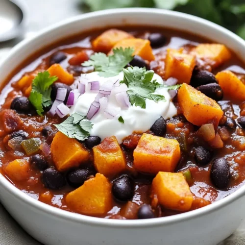 Bowl Of Vegetarian Butternut Squash Chili Topped With Greek Yogurt, Fresh Cilantro, And Minced Red Onion On A Light Gray Surface