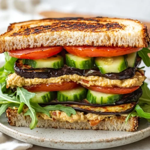 The Ultimate Vegetarian Club Sandwich Recipe For Healthy Eating 2 Colorful Vegetarian Club Sandwich Layered With Grilled Eggplant, Avocado, And Fresh Veggies On A White Plate