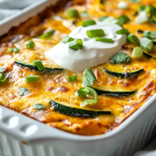 Delicious Vegetarian Enchilada Casserole Topped With Avocado And Scallions In A White Dish.