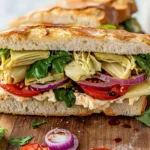 Vegetarian Italian Sandwich With Artichokes, Tomatoes, Lettuce, Cheese, And Balsamic On A Baguette, Served On A Wooden Board