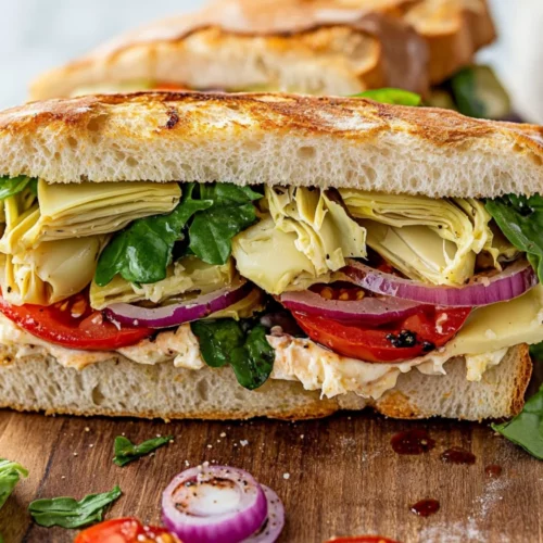 Vegetarian Italian Sandwich With Artichokes, Tomatoes, Lettuce, Cheese, And Balsamic On A Baguette, Served On A Wooden Board