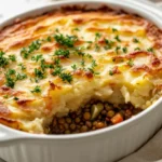 Golden Vegetarian Shepherd'S Pie With Lentils And Vegetables, Garnished With Parsley On A White Plate