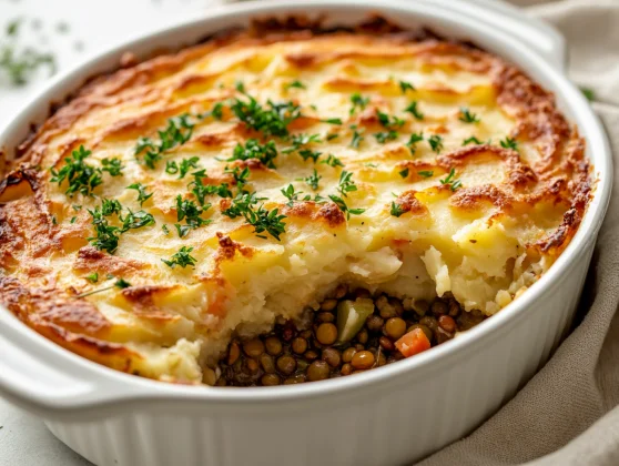 Golden Vegetarian Shepherd'S Pie With Lentils And Vegetables, Garnished With Parsley On A White Plate
