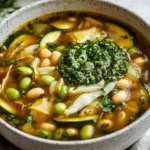 Bowl Of Vegetarian Slow-Cooker Green Minestrone Soup With Zucchini, Fennel, And Pesto, Topped With Shaved Parmesan And Fennel Fronds