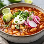 Bowl Of Vegetarian Slow Cooker Pozole Topped With Cabbage, Radishes, Sour Cream, And Cilantro, Served With Lime Wedges.