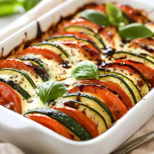 Easy And Healthy Zucchini Caprese Casserole Recipe 2 Freshly Baked Zucchini Caprese Casserole In A White Dish, Garnished With Basil And Balsamic Drizzle, Served Warm And Bubbly