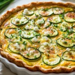 Delicious Zucchini Quiche On A White Plate Garnished With Chives And Feta Cheese, Highlighting Fresh Ingredients.