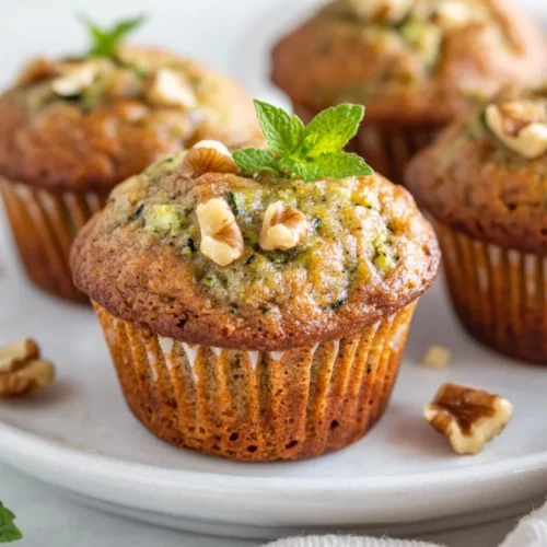 Zucchini Walnut Muffins: Healthy Vegan Recipe You’ll Love 2 Freshly Baked Zucchini Walnut Muffins On A White Plate, Garnished With Walnuts And Mint Leaves