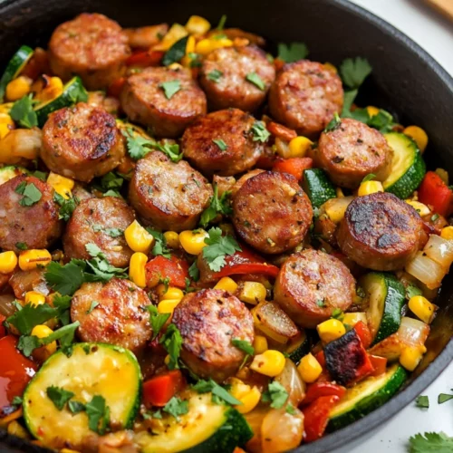 Quick And Healthy 30 Minute Sausage And Veggies Skillet Recipe 2 30 Minute Sausage And Veggies Skillet In A Cast-Iron Pan, Garnished With Cilantro On A White Background
