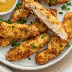 Crispy Air Fryer Chicken Tenders On A White Plate Garnished With Parsley And Served With Honey Mustard