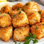 Crispy Air Fryer Salmon Bites On A White Plate Garnished With Fresh Parsley And Lemon Wedges