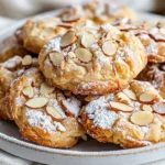 Golden Almond Croissant Cookies On A White Plate, Dusted With Powdered Sugar And Topped With Sliced Almonds