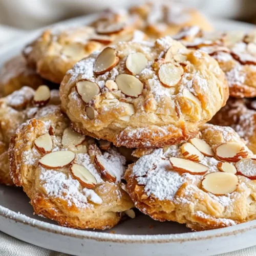 Golden Almond Croissant Cookies On A White Plate, Dusted With Powdered Sugar And Topped With Sliced Almonds