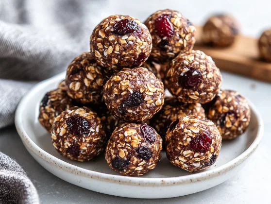 Plate Of Anti-Inflammatory Energy Balls Drizzled With Dark Chocolate And Sprinkled With Cinnamon