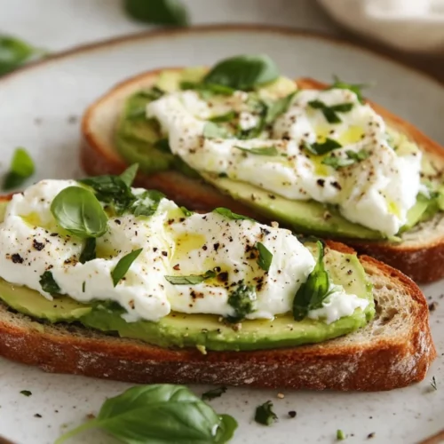 Avocado Toast With Burrata Topped With Fresh Herbs And Aleppo Pepper On A White Plate